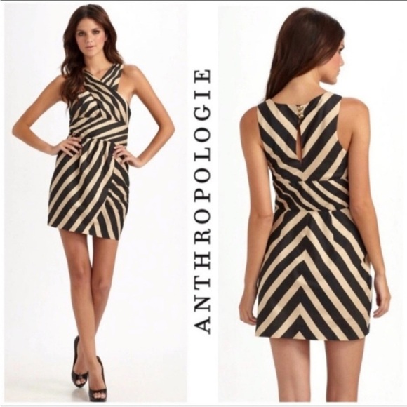 Anthro Leifsdottir Black Tan Stripe Sleeveless Sheath Dress Coctail Party Guest - Picture 2 of 15